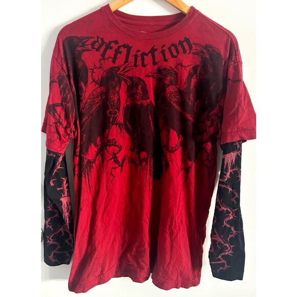 Affliction Other - Affliction CROWS Crewneck Long Sleeve Layered T-shirt Dirty Red Men’s Sz XL EUC